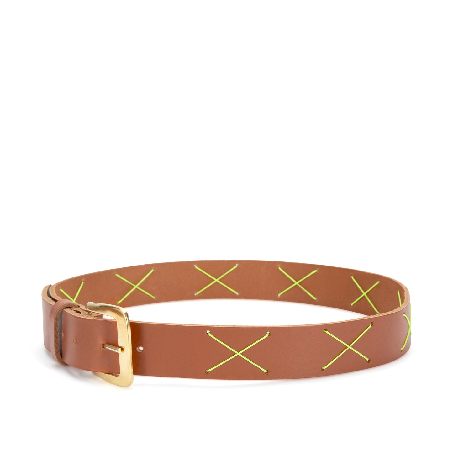 Leather Belt with X pattern in yellow