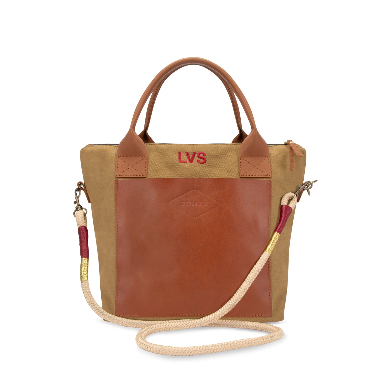 beige canvas and leather with embroidered initials