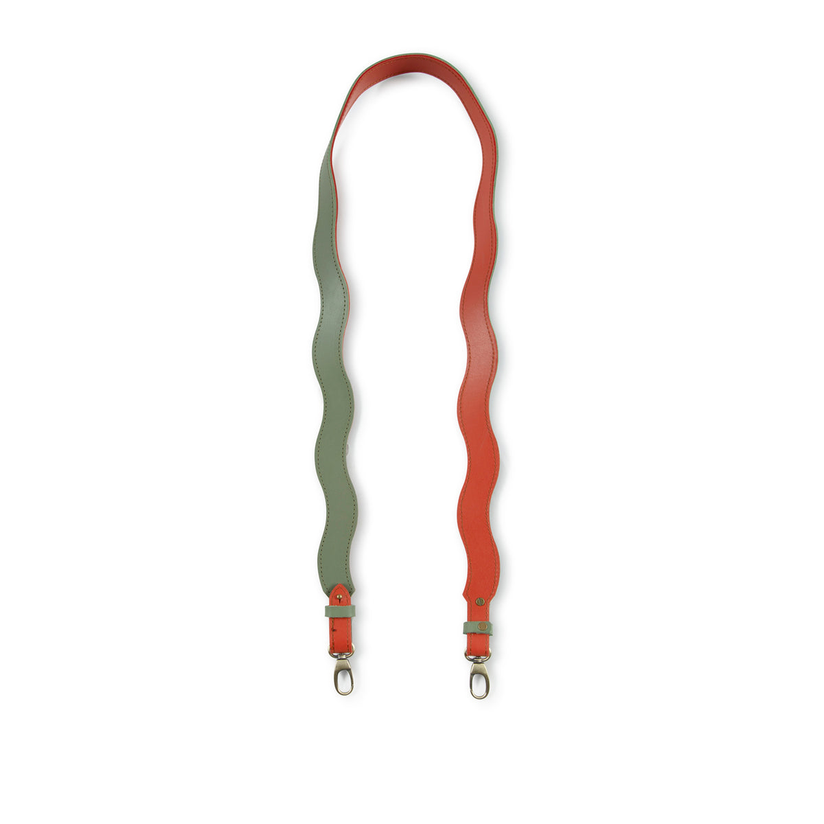 Wavy scalloped reversible leather bag strap in olive green and terracotta, handmade in Cape Town
